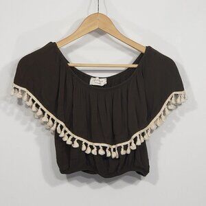 Lavender Field  Olive Green Tasseled Crop Top  Women's Size S